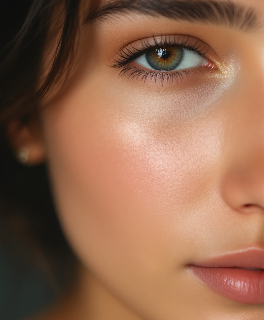 Close-up of a young woman's cheek and eye. Drag the slider to compare skin before and after Cupré.